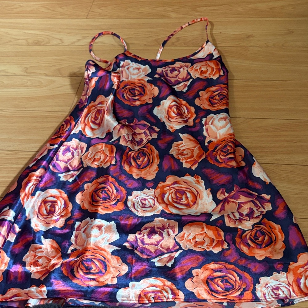 La Vie En Rose Navy Floral Mini Dress with Orange Roses